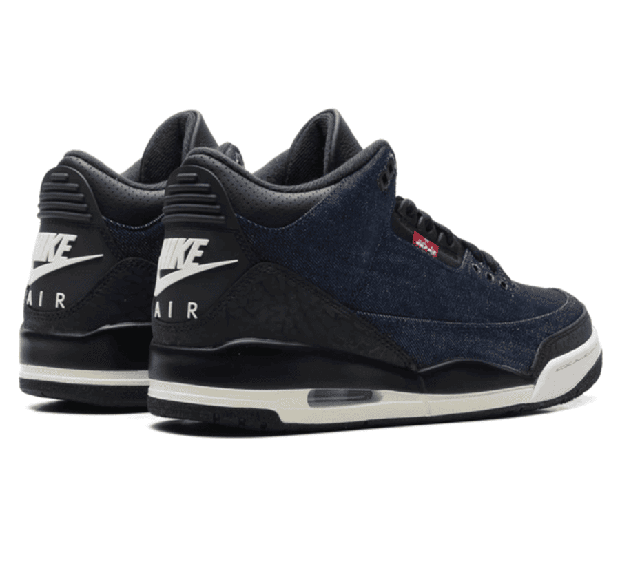 Air Jordan 3 x Levi’s Indigo Blue Sneaker Paar hinten mit Nike Air Logo