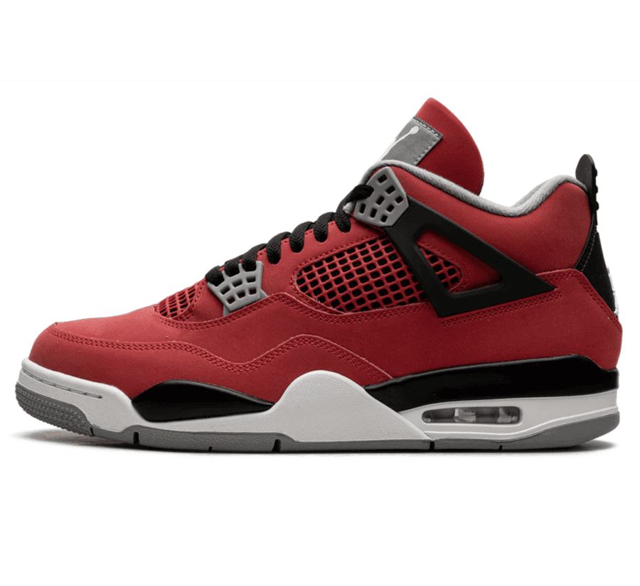 Air Jordan 4 Toro Bravo Paar vorne Hauptbild Perspective mit rotem Premium-Nubukleder und schwarzen Details