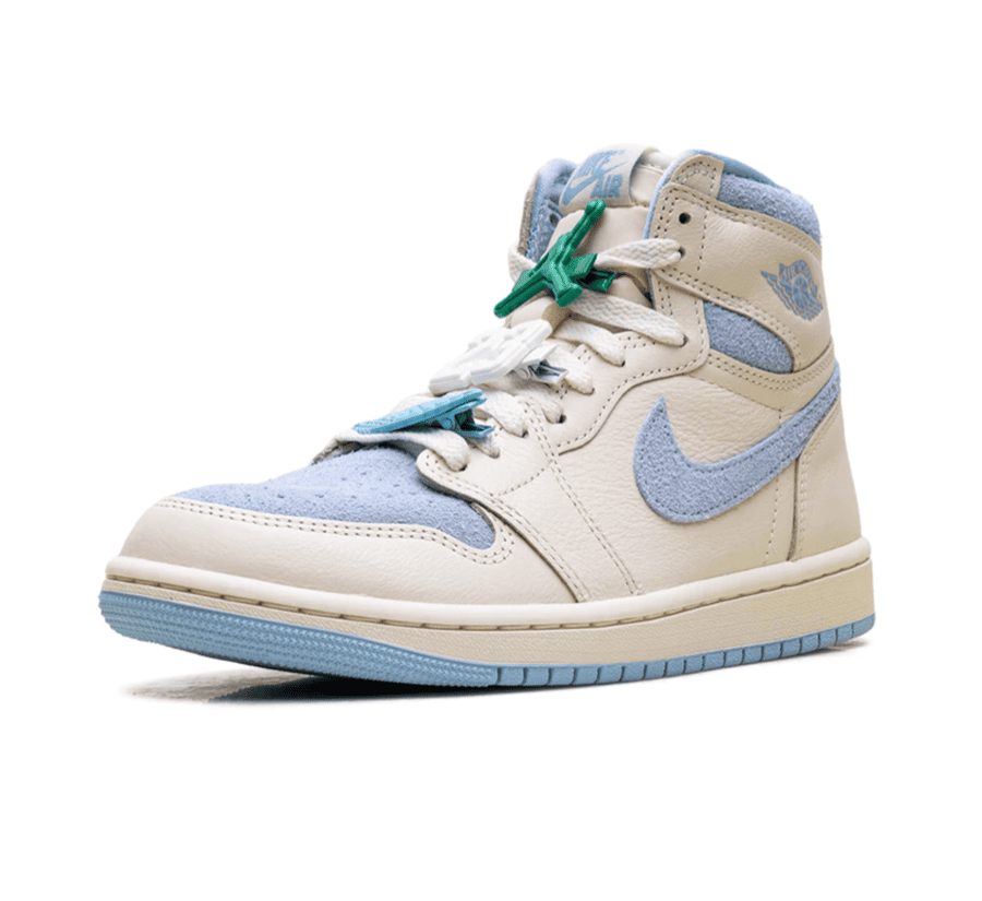 Air Jordan 1 High OG Psychic Blue einzelner Sneaker seitlich mit abnehmbaren Lace-Accessoires
