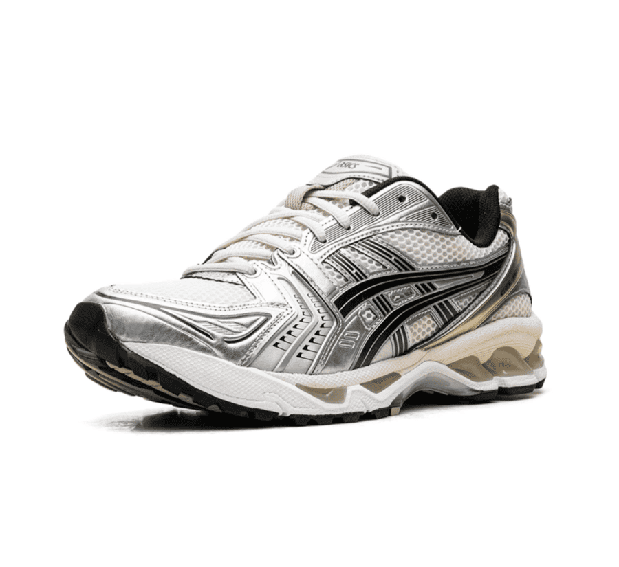 ASICS GEL-KAYANO 14 Birch Pure Silver 1203A537-200 einzelner Sneaker seitlich mit Mesh-Obermaterial und Metallic-Overlays