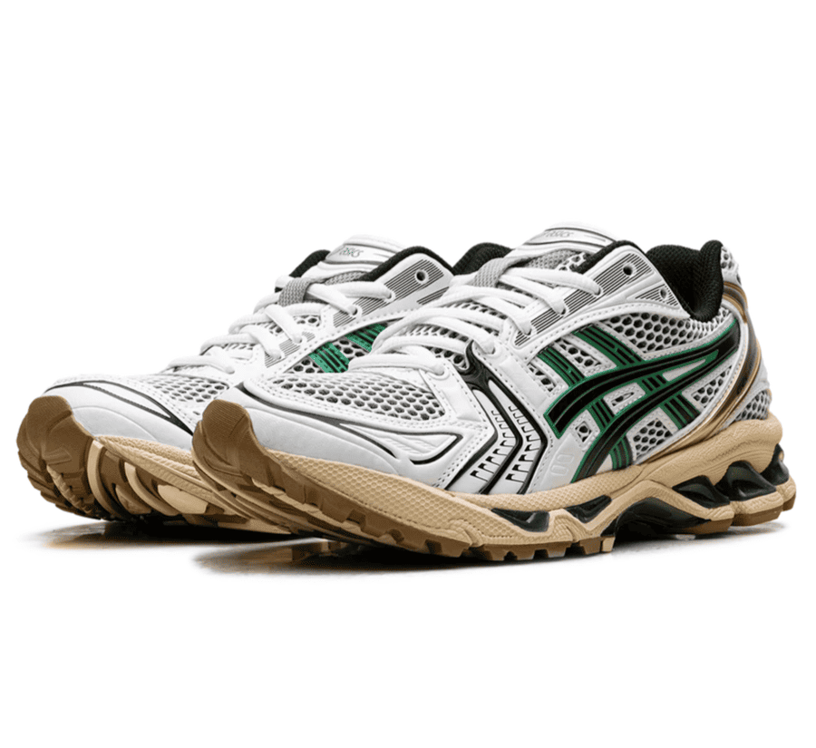ASICS GEL-KAYANO 14 Hinoki Beige 1203A740-103 seitliche Ansicht mit Mesh und ASICS Tiger Stripes
